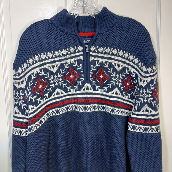 IZOD Sweater Men L 1/4 Zip Fair Isle Nordic Pullover Ski Navy Blue Preppy Chunky - Picture 5 of 16